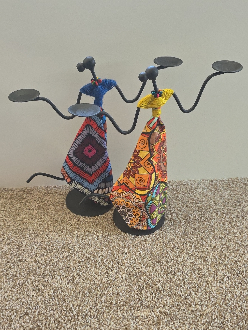 Vintage African Metal Girl Tealight Candle Holders Set of 2 Boho Art